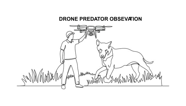 Drone Predator Observation. Minimalistic one-line drawing tracker using drone to monitor predator in wild habitat, continuous single black line on white