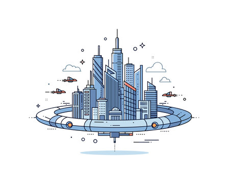 Orbital megacity concept illustrated with modern skyscrapers rising beneath a ring shaped space station while small flying vehicles move through the skyline.