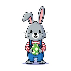 Obraz premium Cute cartoon rabbit holding a colorful decorated egg during a festive season