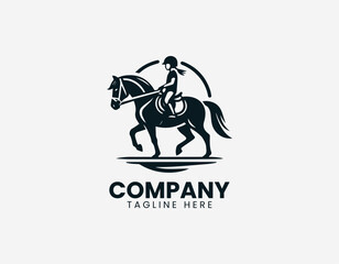 Obraz premium A young child is illustrated riding a horse in a clean modern black vector logo illustration style on a white background