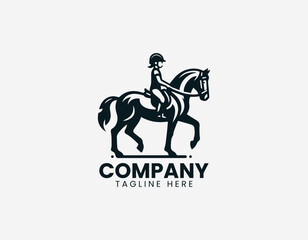 Fototapeta premium A young child is illustrated riding a horse in a clean modern black vector logo illustration style on a white background