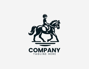 Fototapeta premium A young child is illustrated riding a horse in a clean modern black vector logo illustration style on a white background
