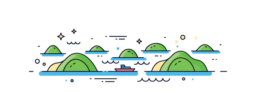 Island archipelago landscape several small green islands emerging from blue water while a tiny boat moves between them suggesting travel and exploration across