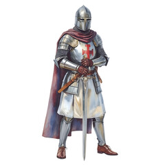 Fototapeta premium Medieval knight standing with sword in full metal armor and red cross on his chest
