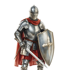 Naklejka premium Medieval knight standing guard with sword and shield, wearing shining armor and a red cape