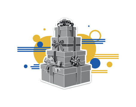 retro style collage of stacked presents with decorative ribbons, monochrome realistic gift boxes with white cut-out outline, geometric circles and horizontal