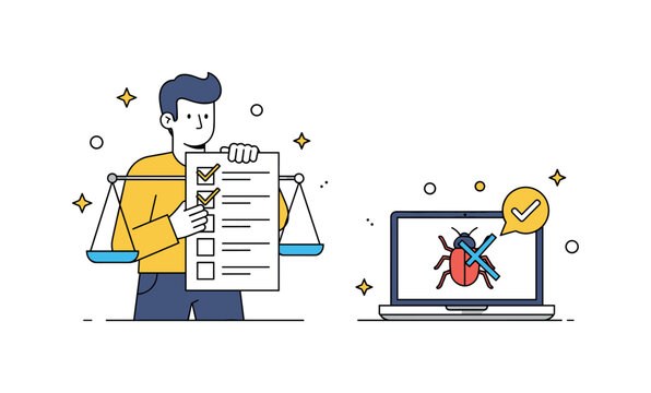 Debugging checklist workflow developer holding a checklist while a laptop shows a bug icon being fixed with a checkmark. Balanced illustration of