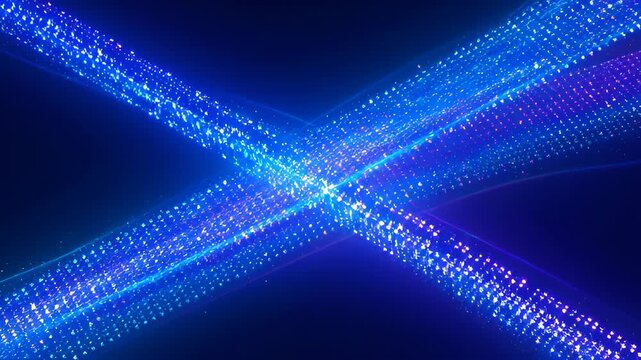 Glowing intersecting light trail particle abstract blue teal magenta neon glow motion. neon blue teal particle light trail beams crossing dark space creating vibrant glowing intersection and dynamic