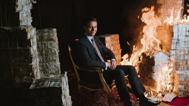 Businessman sitting calmly beside burning stacks of cash symbolizing financial crisis risk greed and dramatic commentary on wealth and ambition
