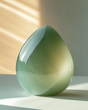 Close-up of a polished green jade stone with smooth texture and natural sunlight.