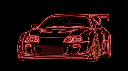 Naklejka premium Abstract glowing neon wireframe illustration of a 90s Japanese twin-turbo widebody tuner coupe on a black background, synthwave cyberpunk automotive design. 