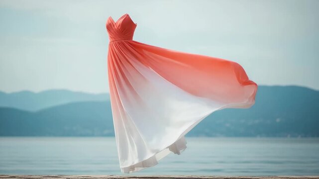 A beautiful flowing ombre dress gently moves in the wind against scenic coastal landscape