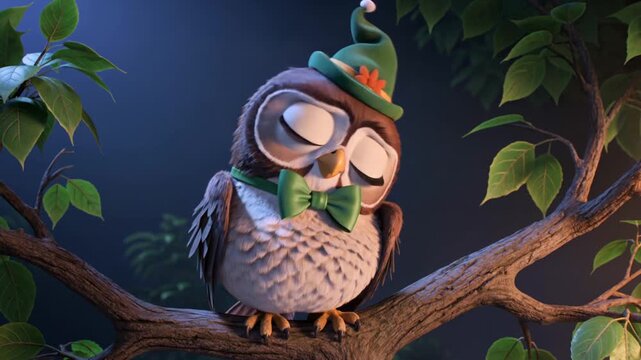 Whimsical 3D cartoon owl in green elf hat and bow tie perches on tree branch in forest at night