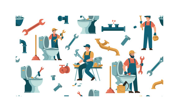 toilet repair activity seamless pattern, plumbers with tools, disassembled toilets, wrenches, bolts, pipes and plungers arranged in a repeating pattern, white