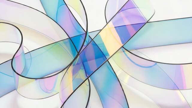 Iridescent ribbons flow and intertwine creating a mesmerizing dynamic abstract pattern with a futuristic, ethereal feel