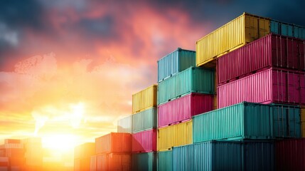 Fototapeta premium Colorful shipping containers stacked in port terminal at sunset. International cargo logistics and global trade concept. Industrial freight transport and import export supply chain management.