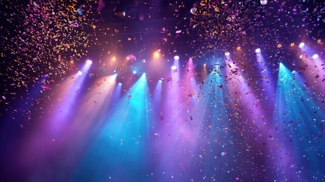 Colorful confetti falling on a concert stage illuminated by bright spotlights. Festive celebration event background with beams of light. Dynamic show atmosphere and party mood concept.