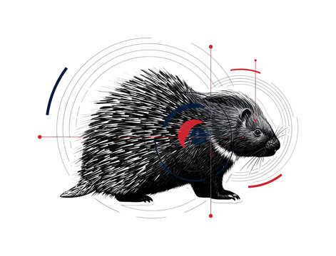 black and white porcupine seen from the side with detailed quill texture, cut-out collage effect with white outline, concentric circular graphics and thin