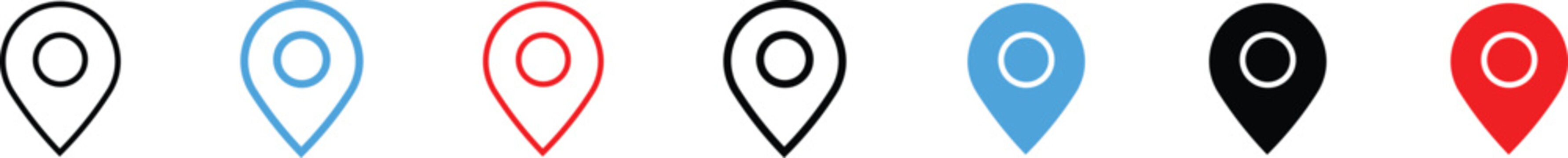 Set of 6 map pin icons in various styles isolated on transparent background modern simple location pin sign for maps navigation apps websites vector