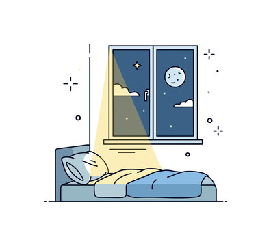 Moonbeam through bedroom window calm interior scene with a moon shining outside while a narrow beam of light gently highlights a pillow and blanket on the bed.