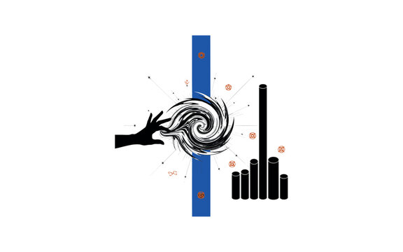 Black and white wizard hand casting spell with abstract circular energy form, bold blue vertical bar dividing composition, thin linear starburst