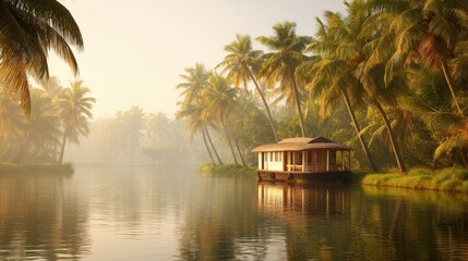 Fototapeta premium Houseboat on calm river surrounded by palm trees. Tropical backwater landscape at sunrise in Kerala. Vacation travel destination in nature. Peaceful exotic scenery for tourism and holiday.