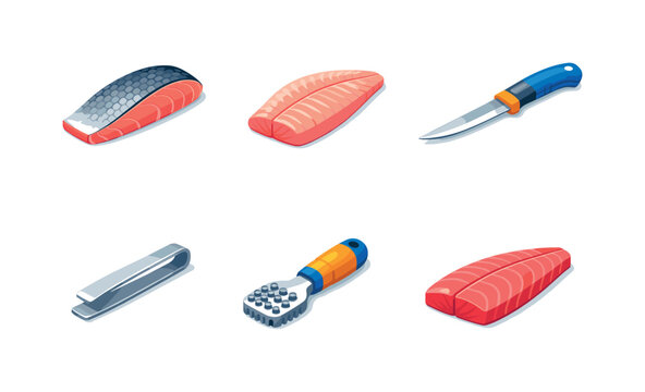 Seafood Prep. Isometric flat vector icons set of seafood prep: fish fillet with skin, fish fillet without skin, fillet knife, fish tweezers, fish scale
