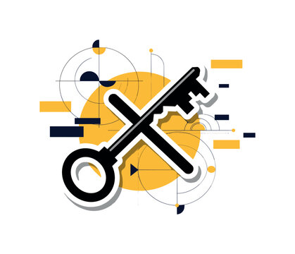 conceptual key symbol collage with a black and white oversized skeleton key crossing geometric shapes, white cut-out outline effect around the key, bold