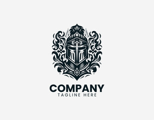Obraz premium Medieval knight helmet with cross symbols and smoke elements black vector logo illustration isolated on white background