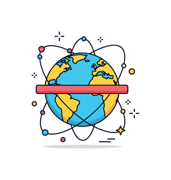 Equator planetary reference line concept showing a globe with a bold horizontal band across its center while small orbit lines circle around it. The symbolic