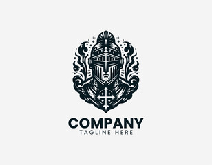 Obraz premium Medieval knight helmet with cross symbols and smoke elements black vector logo illustration isolated on white background