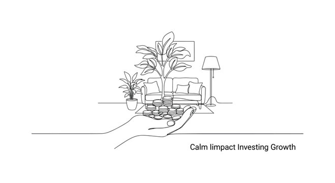Impact Investing Growth. Minimalistic one-line drawing small tree growing from a pile of coins held by a hand, continuous single black line on white