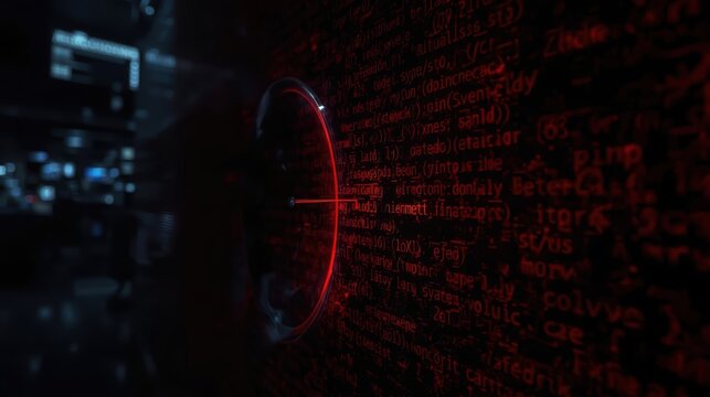 Abstract visualization of a zero day exploit in a dark cyber environment with red coding background and glowing crosshairs