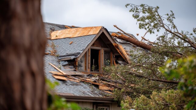 Damaged residential house roof after severe hurricane storm. Fallen tree branches on broken shingles. Property insurance and natural disaster consequence, house repair and emergency concept.