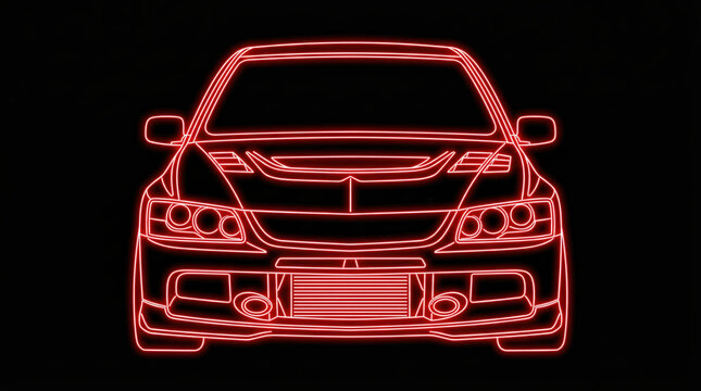Abstract glowing neon wireframe illustration of a rally-bred Japanese AWD turbo sedan on a black background, synthwave cyberpunk automotive design