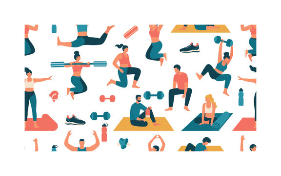 home workout seamless pattern, jumping jacks, people exercising, sweatbands, sneakers, dumbbells, yoga mats and water bottles arranged in a repeating pattern,