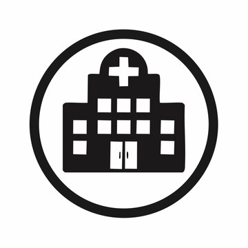 Minimalist black and white hospital building icon with medical cross symbol inside a circular frame for healthcare design