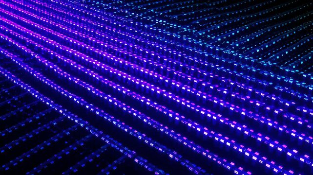 Glowing blue fiber optic light strand forms diagonal line across dark background with neon blue light and abstract pattern while glowing green pixels LED lights create diagonal futuristic grid