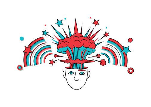 cartoon head exploding into comic-style smoke cloud and star shapes, geometric arcs and circles spreading outward like energy waves, red and turquoise accent