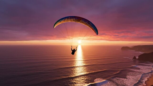 A person paraglides over a serene ocean at sunset in a peaceful natural landscape video