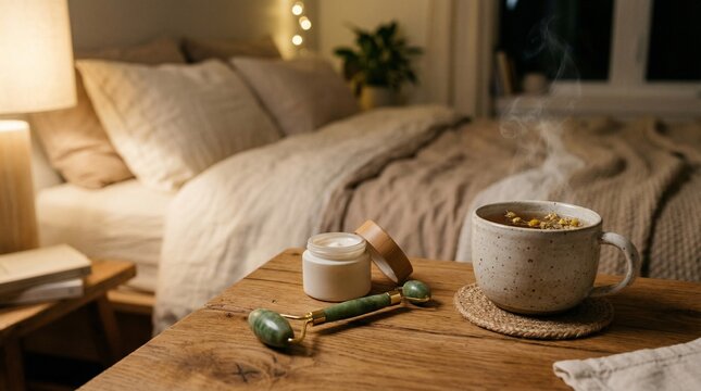 30대 나이트 케어와 멘탈 웰니스를 위한 따뜻한 무드의 스킨케어 빈 용기 목업