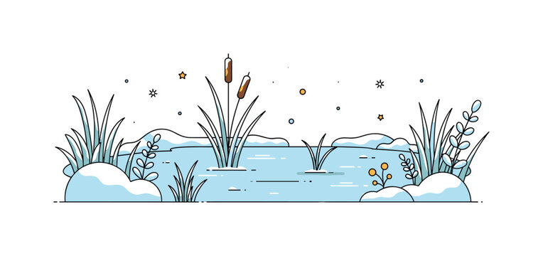 Frozen nature icy pond surrounded by snow covered plants and a few frosted reeds gently rising from the ice surface. The serene winter moment