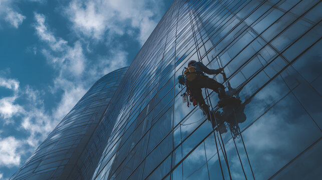 A window washer in silhouette scales a skyscraper against a blue sky with clouds