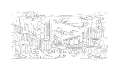 Obraz premium Marine Life Around Buildings. Minimalistic one-line drawing schools of fish swimming around underwater structures and city ruins, continuous single black line