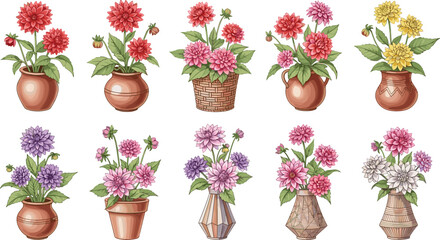 Vintage flower bouquets in decorative vases and pots. Botanical floral arrangement set. Elegant garden blossoms for home decor, wedding design, and classic themes. © ALINA