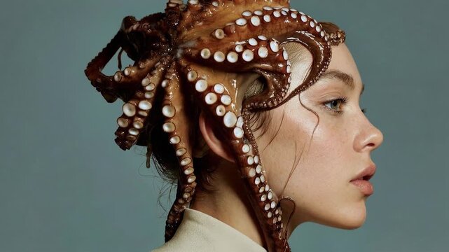 Creative portrait of woman with octopus tentacles styled as hair merging marine fantasy with fashion artistry and imaginative beauty concept