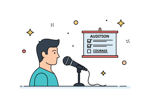 Audition for a singing group depicted by a singer icon facing a microphone while a small checklist board marks evaluation points. Clean musical scene