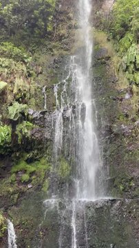 Cinematic tropical waterfall at Caldeir&atilde;o Verde levada trail in the lush forest of Madeira