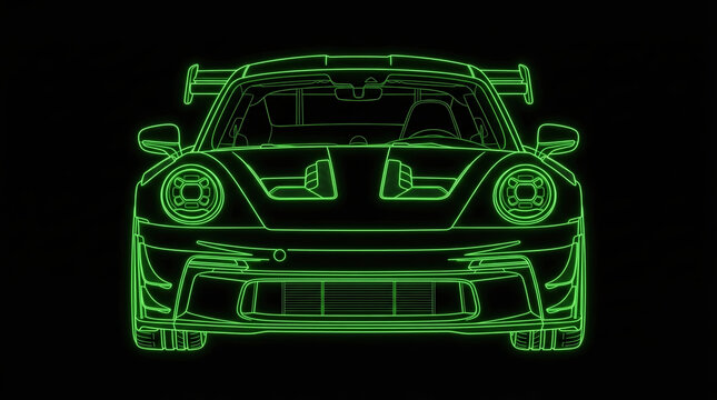 Abstract glowing neon wireframe illustration of an active-aero German track weapon with massive wing on a black background, synthwave cyberpunk automotive design