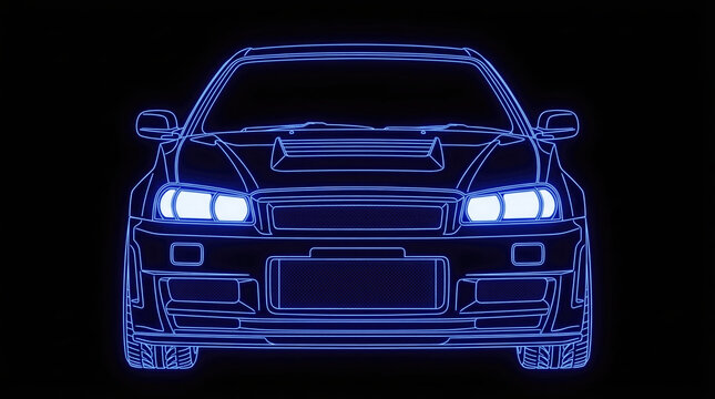 Abstract glowing neon wireframe illustration of a legendary 90s Japanese AWD twin-turbo coupe on a black background, synthwave cyberpunk automotive design
